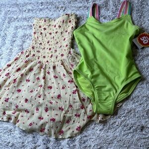 6 garage dress yellow xs with pink floral print skort, bathing suit, NWT